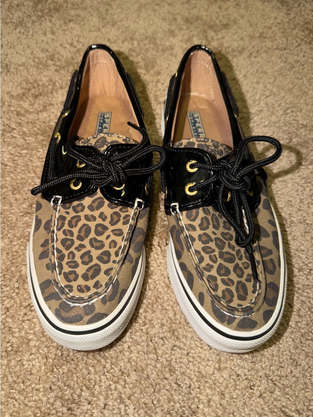 Sperry Leopard Print Canvas & Black Patent Boat Shoes